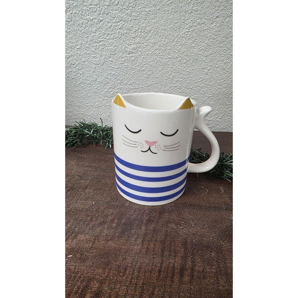 Parker Lane Cat Coffee Mug Cup Figural Cat With Ears White Blue Stripes 16 Oz